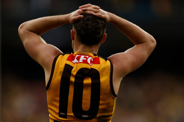 Dejected Karl Amon of the Hawks is seen during the round 19 AFL match between Richmond Tigers and Hawthorn Hawks at Melbourne Cricket Ground, on July...