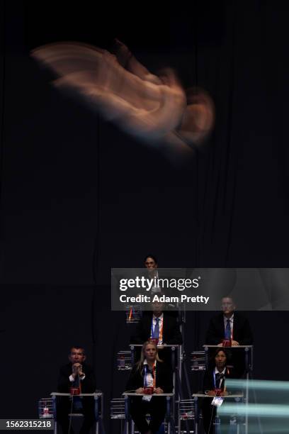 Jake Passmore and Clare Cryan of Team Ireland compete in the Synchronized 3m Springboard Mixed Final on day nine of the Fukuoka 2023 World Aquatics...