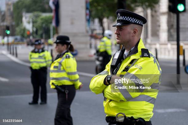 Metropolitan Police officers on duty on Whitehall as US President arrives in the capital for talks with the British Prime Minister on 10th July 2023...
