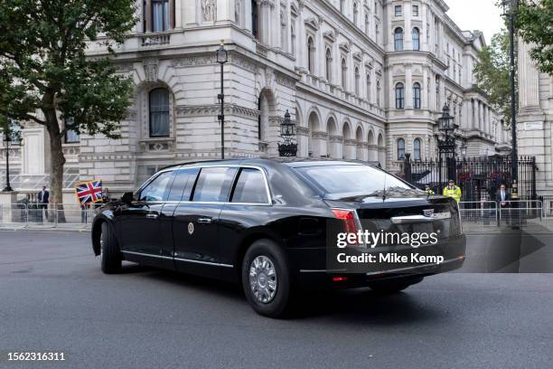 President Joe Biden arrives in the United States presidential state car, which is knicknamed 'The Beast' in the capital for talks with the British...