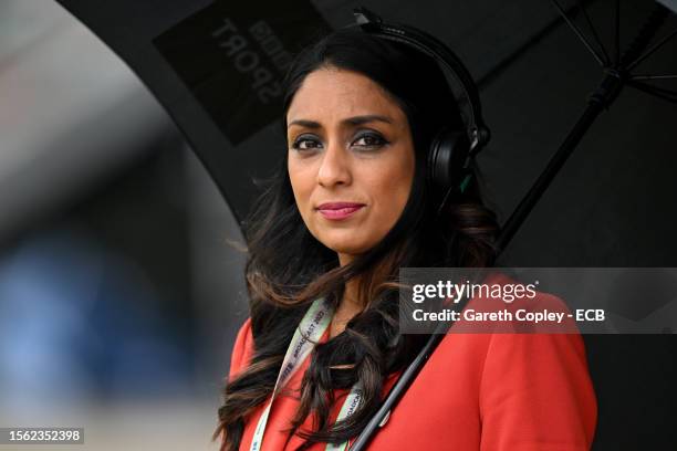 Presenter Isa Guha during day three of the LV= Insurance Ashes 4th Test Match between England and Australia at Emirates Old Trafford on July 21, 2023...