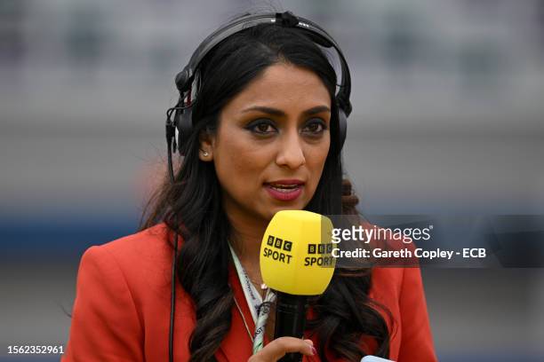 Presenter Isa Guha during day three of the LV= Insurance Ashes 4th Test Match between England and Australia at Emirates Old Trafford on July 21, 2023...