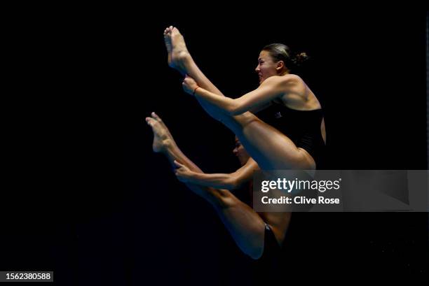 Rafael Max and Anna Santos of Team Brazil compete in the Synchronized 3m Springboard Mixed Final on day nine of the Fukuoka 2023 World Aquatics...