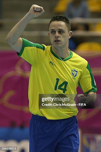 Rodrigo of Brazil celebrates scoring a goal against Panama during the FIFA Futsal World Cup, Round of 16 match between Brazil and Panama at Korat...