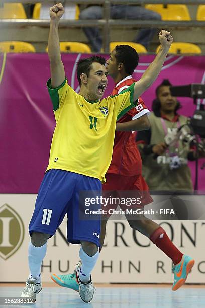 Neto of Brazil celebrates scoring a goal against Panama during the FIFA Futsal World Cup, Round of 16 match between Brazil and Panama at Korat...