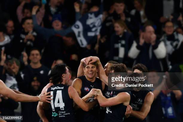 Charlie Curnow of the Blues celebrates after kicking his tenth goal during the round 19 AFL match between Carlton Blues and West Coast Eagles at...