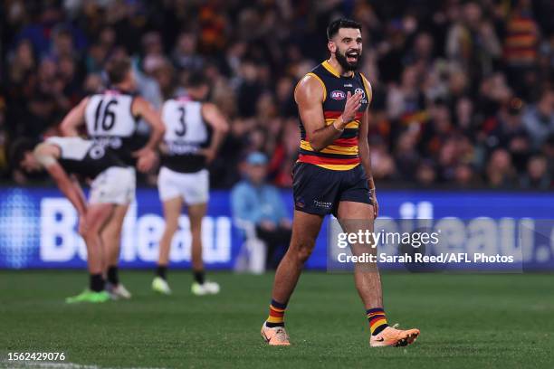 Wayne Milera of the Crows celebrate their win during the 2023 AFL Round 20 match between the Adelaide Crows and the Port Adelaide Power at Adelaide...