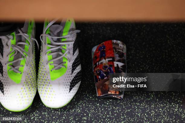 Detailed view of Millie Bright of England's boots and shin guards in the dressing room prior to the FIFA Women's World Cup Australia & New Zealand...
