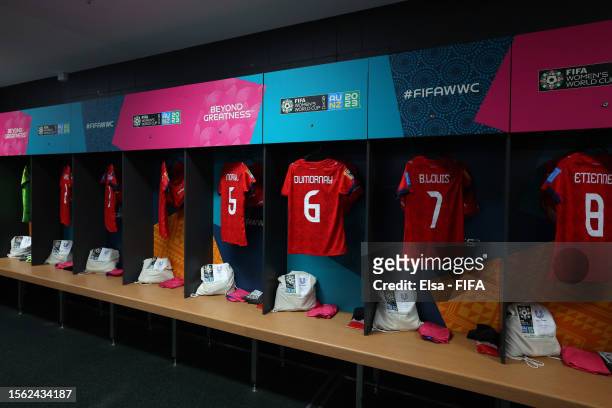 The shirt of Haiti players are seen inside the dressing room prior to the FIFA Women's World Cup Australia & New Zealand 2023 Group D match between...