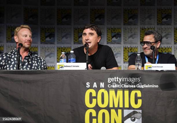 Ian Ziering, Anthony C. Ferrante and David Rimawi speak during the "Sharknado" 10th Anniversary panel at 2023 Comic-Con International: San Diego at...