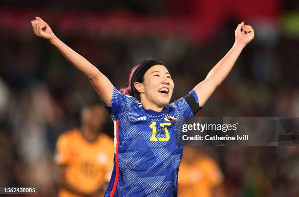 Jun Endo of Japan celebrates after scoring her team's fourth goal during the FIFA Women's World Cup Australia & New Zealand 2023 Group C match...