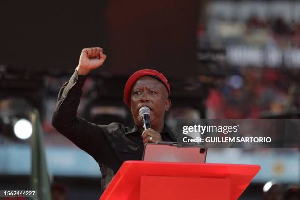 Economic Freedom Fighters leader Julius Malema addresses his supporters during the EFF birthday rally, celebrating the 10th anniversary of the party,...