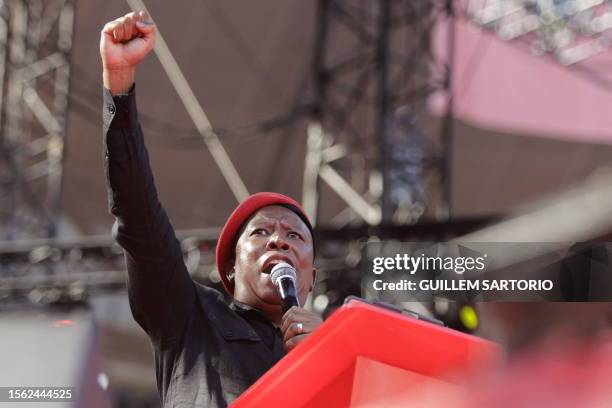 Economic Freedom Fighters leader Julius Malema addresses his supporters during the EFF birthday rally, celebrating the 10th anniversary of the party,...