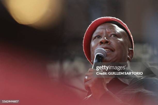 Economic Freedom Fighters leader Julius Malema addresses his supporters during the EFF birthday rally, celebrating the 10th anniversary of the party,...