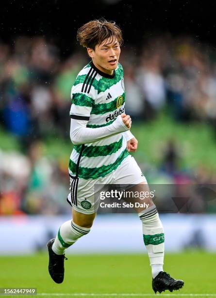 Dublin , Ireland - 29 July 2023; Kyogo Furuhashi of Celtic celebrates after scoring his side's first goal during the pre-season friendly match...