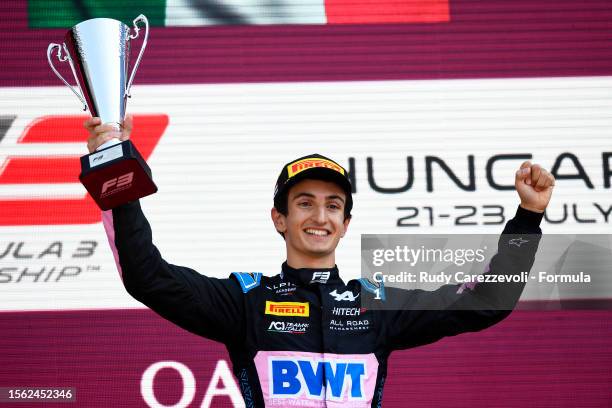 Race winner Gabriele Mini of Italy and Hitech Pulse-Eight celebrates on the podium during the Round 8:Budapest Sprint race of the Formula 3...