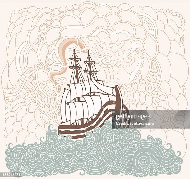 doodle sky, boat and sea - ocean storm stock illustrations