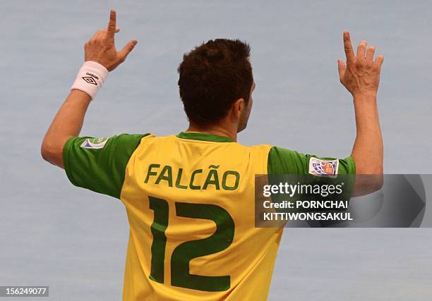 Falcao of Brazil celebrates after scoring a goal against Panama during playoff for quarter-final match of the FIFA Futsal World Cup 2012 in Nakhon...