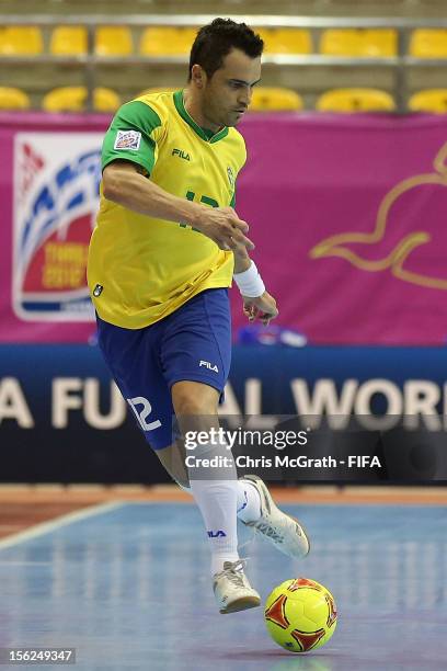 Falcao of Brazil looks to pass against Panama during the FIFA Futsal World Cup, Round of 16 match between Brazil and Panama at Korat Chatchai Hall on...