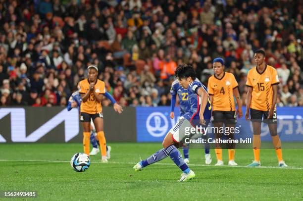 Riko Ueki of Japan retakes a penalty to score her team's fifth goal during the FIFA Women's World Cup Australia & New Zealand 2023 Group C match...