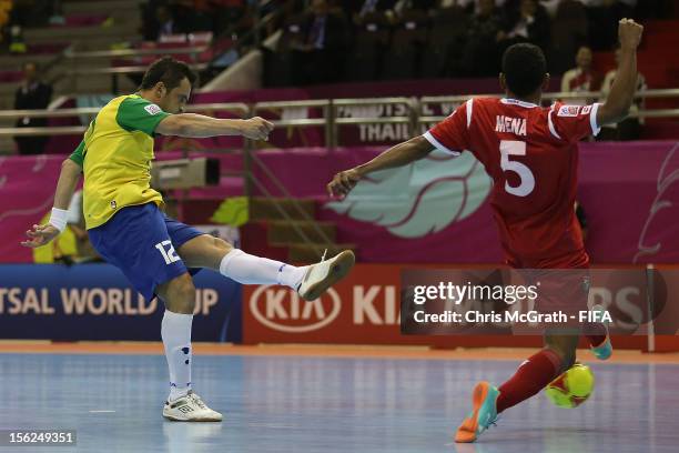 Falcao of Brazil scores a goal against Panama during the FIFA Futsal World Cup, Round of 16 match between Brazil and Panama at Korat Chatchai Hall on...