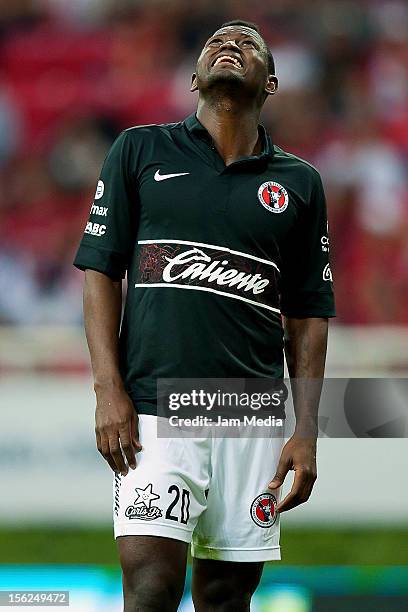 Duvier Riascos of Tijuana gestures during the Apertura 2012 Liga MX at Omnilife Stadium on november 11, 2012 in Guadalajara, Mexico.