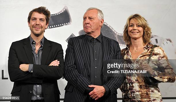 Dutch actor Ramsey Nasr, British film director Peter Greenaway and Dutch actress Anne-Louise Hassing pose during the photocall of "Goltzius and the...