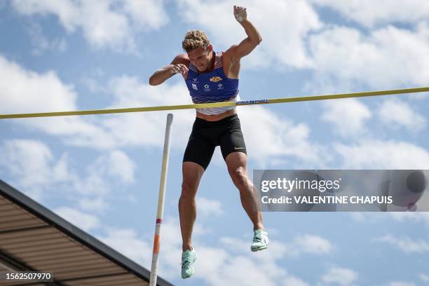 France's Kevin Mayer competes in the men's pole vault event during the 2023 French Athletics Championships at the municipal stadium in Albi,...