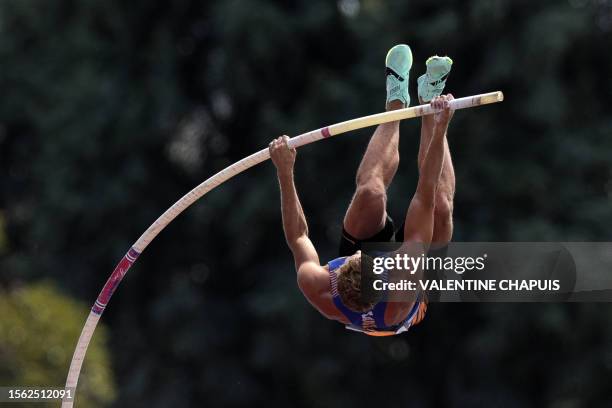 France's Kevin Mayer competes in the men's pole vault event during the 2023 French Athletics Championships at the municipal stadium in Albi,...