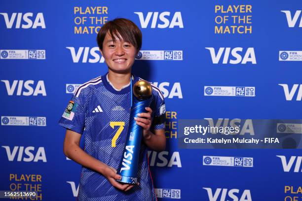 Hinata Miyazawa of Japan poses for a photo with her VISA Player of the Match award after the FIFA Women's World Cup Australia & New Zealand 2023...