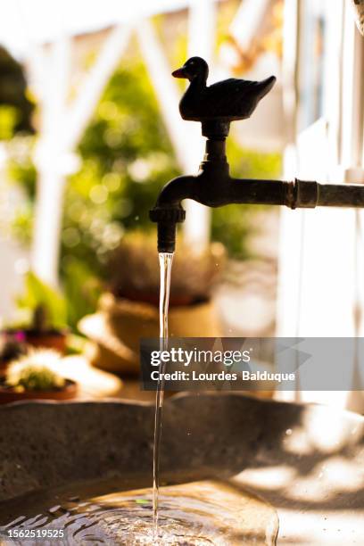 closeup of water jet in old metal faucet - decoración stock pictures, royalty-free photos & images