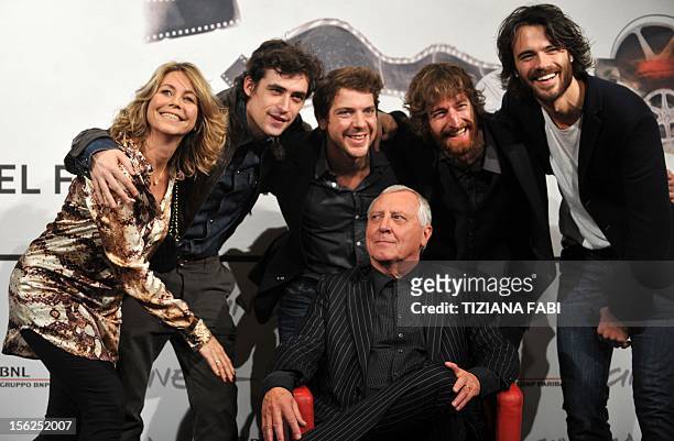 British director Peter Greenaway poses with actress Anne Louise Hassing, actors Flavio Parenti, Ramsey Nasr, Stefano Scherini, and Giulio Berruti...