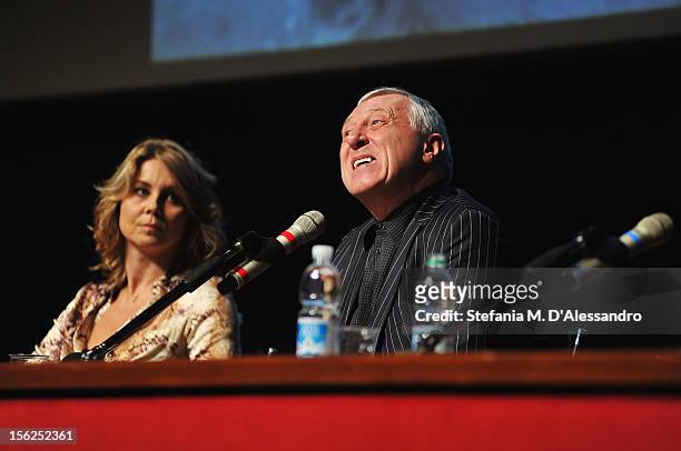 Actress Anne Louise Hassing and director Peter Greenaway attend the 'Goltzius And The Pelican Company' Press Conference during the 7th Rome Film...