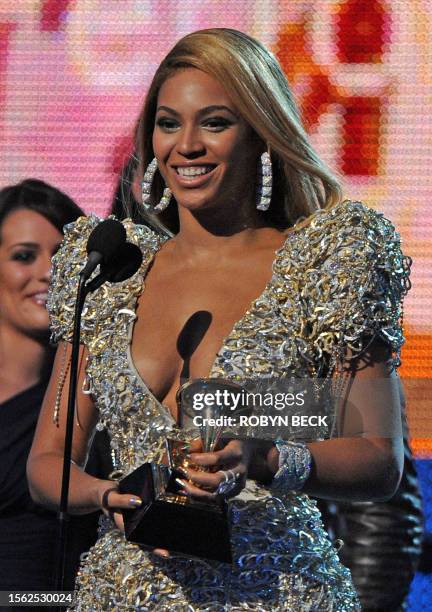 Beyonce accepts the award for the Best Female Pop Vocal Performance during the 52nd annual Grammy Awards in Los Angeles, California on January 31,...