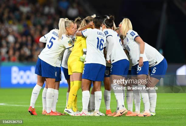 England players huddle prior to the FIFA Women's World Cup Australia & New Zealand 2023 Group D match between England and Haiti at Brisbane Stadium...
