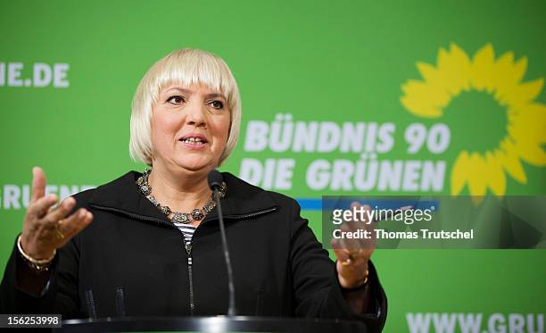 Claudia Roth, co-leader of the German Green Party, speaks to the media after a Greens Party leadership meeting at Greens Party headquarters on...