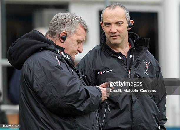 Harlequins head coach John Kingston and director of rugby Conor O'Shea during the LV= Cup match Northampton Saints v Harlequins at Franklin's Gardens...