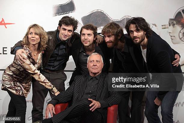 Director Peter Greenaway poses with actors Anne Louise Hassing, Flavio Parenti, Ramsey Nasr, Stefano Scherini and Giulio Berruti as they attend the...