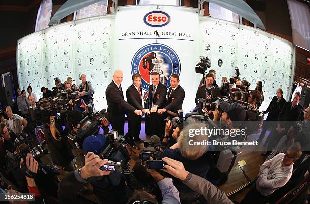 Mats Sundin, Joe Sakic, Adam Oates and Pavel Bure pose for a photo opportunity at the Hockey Hall of Fame on November 12, 2012 in Toronto, Canada....
