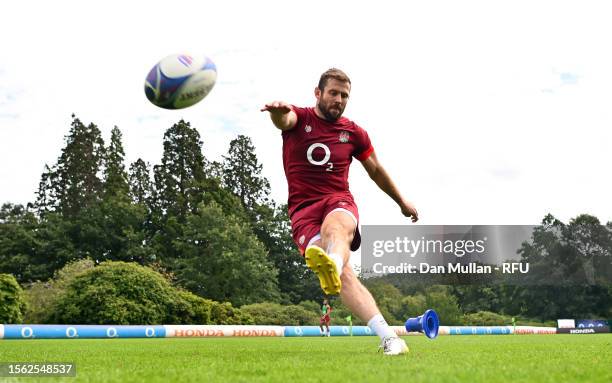 Elliot Daly of England kicks during a training session at Pennyhill Park on July 18, 2023 in Bagshot, England.