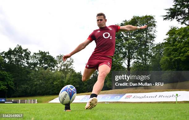 Freddie Steward of England kicks during a training session at Pennyhill Park on July 18, 2023 in Bagshot, England.