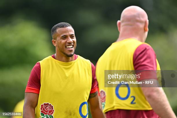Anthony Watson of England smiles during a training session at Pennyhill Park on July 18, 2023 in Bagshot, England.
