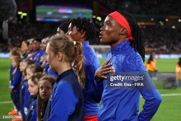 Roselord Borgella of Haiti sings the national anthem prior to the FIFA Women's World Cup Australia & New Zealand 2023 Group D match between England...