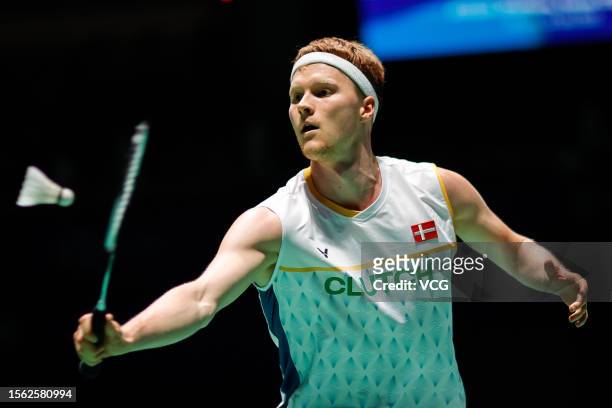Anders Antonsen of Denmark competes in the Men's Singles semi-final match against Shi Yuqi of China on day 5 of 2023 Korea Open at Jinnam Stadium on...