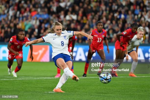 Kerly Theus of Haiti saves the penalty taken by Georgia Stanway of England during the FIFA Women's World Cup Australia & New Zealand 2023 Group D...