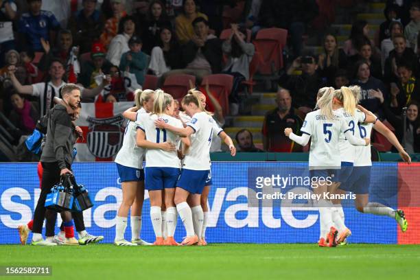 Georgia Stanway of England celebrates with teammates after scoring her team's first goal during the FIFA Women's World Cup Australia & New Zealand...