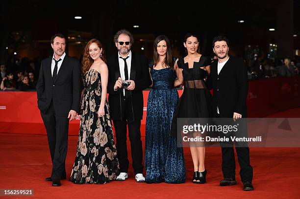 Actors Sebastian Koch, Lotte Verbeek, director Mike Figgis and actors Rebecca Night Melia Kreiling and Vito di Rosa attend the "Suspension of...