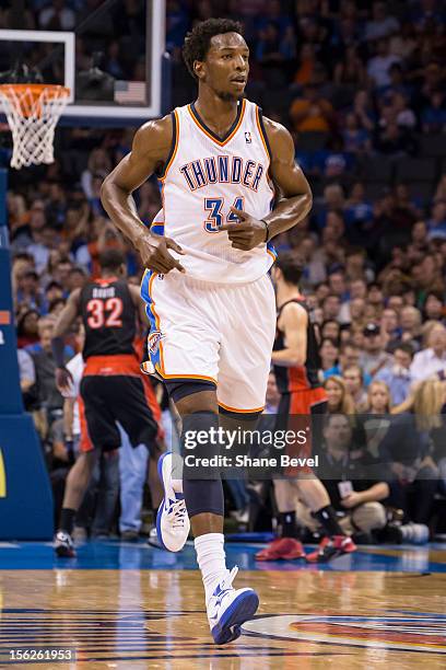 Hasheem Thabeet of the Oklahoma City Thunder in action against the Toronto Raptors during the NBA basketball game on November 6, 2012 at the...