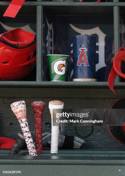 Detailed view of a Gatorade cup sitting in the Los Angeles Angels dugout bat rack at the start of game two of a doubleheader against the Detroit...