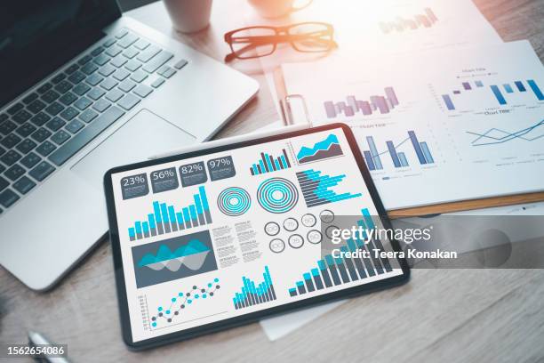 digital business analysis,growth data and charts on desktop computer screen in modern office - big data bildbanksfoton och bilder